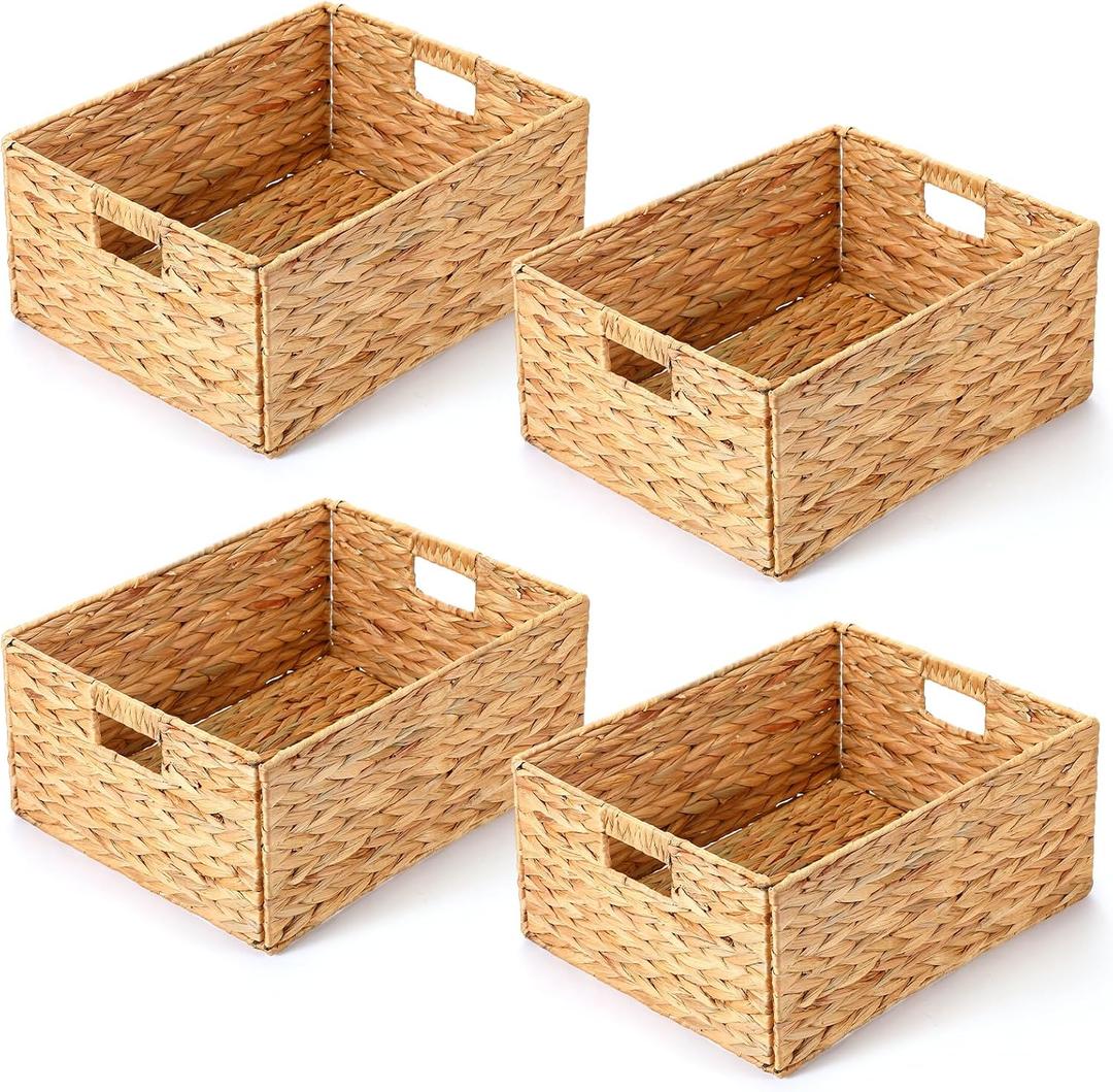 Layhit 4 Pcs Wicker Storage Basket Water Hyacinth Handwoven Baskets with Handles Foldable Woven Organizer Multipurpose Wicker Storage Bins for Bedroom Living Room(16.5 x 13 x 7.5'',Natural)