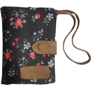 Cute Floral Waterproof Coated Oxford Cloth Women Wallet with Wrist Strap, Ladies Purse with ID Window, Zipper Coin Pocket & 11 Card Slots (Black Flower)