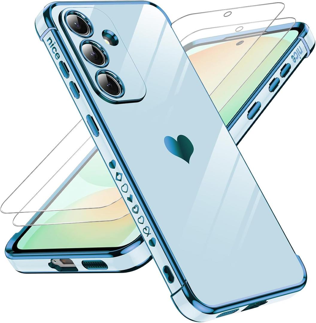 LeYi for Samsung Galaxy S25-FE Case: [ ] Tempered Glass Screen Protector [2 Pcs]+ Full Camera Lens Protection,Love Heart Plating Luxury Shockproof for S25FE,Sierra Blue