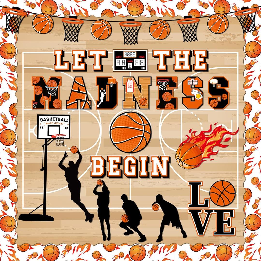 gisgfim Basketball Bulletin Board Decoration Set with Background Paper & Borders Cutouts Let The Madness Basketball Sport Bulletin Board Decor for Classroom School Game Craft Supplies(Basketball)