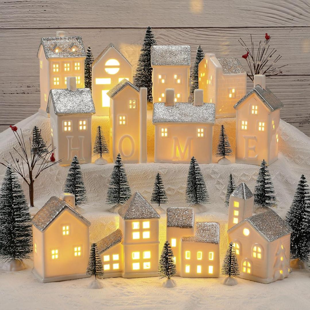 Zubebe 30 Pcs Winter Christmas Village Sets LED Christmas Village Houses Holiday Figurines Porcelain Xmas Collection Buildings Xmas Town Scene Indoor Room Decor (Silver,Simple Style)