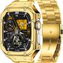 Stainless Steel Watch Band with Case Compatible with Apple Watch Ultra 3 2 1 band (49mm), Rugged Strap with Metal Protective Bumper Cover for iWatch Bands Men (Gold)