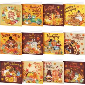 Saillong 12 Pack Fall Diamond Painting Greeting Card Kits DIY Thanksgiving Diamond Art Cards with Envelopes Pumpkin Turkey 5D Rhinestones Paint Card for Adults DIY Crafts Family Friend Birthday Gifts