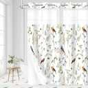 No Hook Sage Green Cute Floral Shower Curtain and Liner Set, Modern Fabric Shower Curtain with Snap in Liner, Watercolor Birds, Butterflies, Snails & Flower Design, 72 x 74