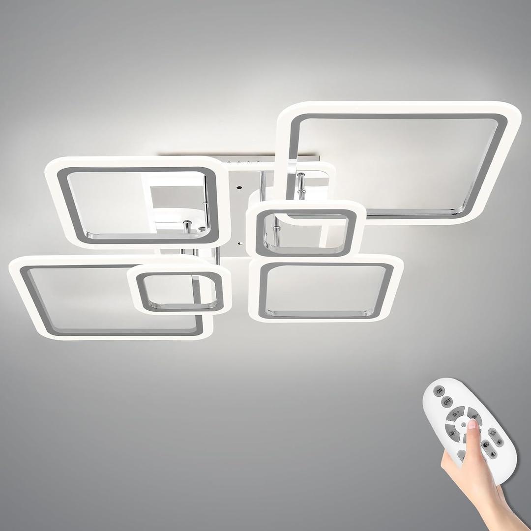 Modern LED Ceiling Lights for Bedroom 36.2'' Dimmable Square 6+1 Rings Ceiling Lights for Living Room with Remote Control 130W for Kitchen,Balcony, Bedroom, Chrome