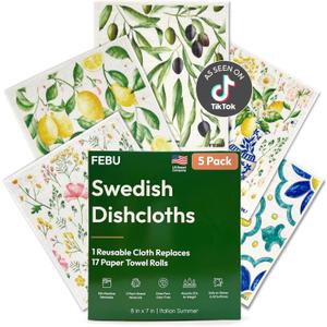 FEBU Swedish Dishcloths for Kitchen | 5 Pack Italian Summer Reusable Paper Towels Washable | Swedish Dish Towels | Non-Scratch Cellulose Sponge Cloths | No Odor, Biodegradable Cleaning Cloths