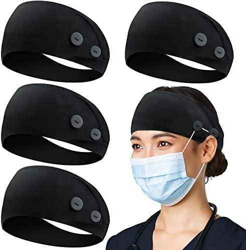 ABAMERICA Headbands with Button for Mask, Wide Nurses Headbands Non Slip Elastic Ear Protection for Women Men Doctors Sweatband Headband 4 Pack