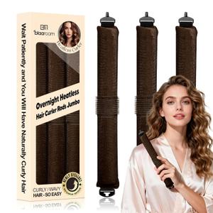 BLAAROOM Overnight Heatless Hair Curler Satin Jumbo Flexi Overnight Curls Blowout Rods 3pcs No-Heat Styling Tools Curling Rod To Sleep In for All Hair Types - Brown