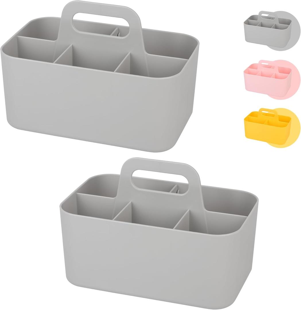 Tiawudi 2 Pack Caddy with Handle, Portable Plastic Caddy, Storage for Cleaning, Bath, Makeup, Art, Craft, Stationery, Classroom and Office, Tote Organizer (Rectangle, Gray)