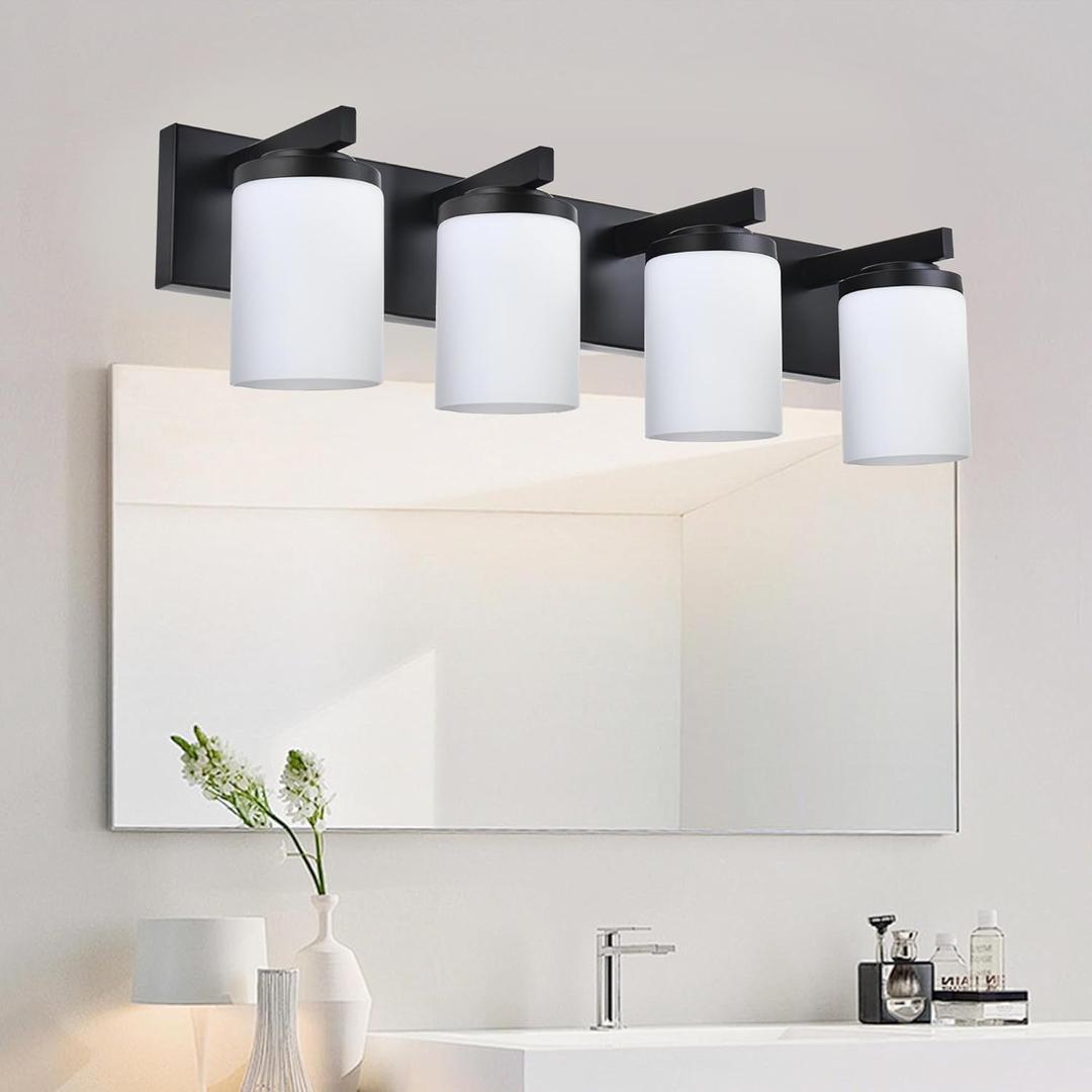 BONLICHT Bathroom Light Fixtures 4 Light Modern Vanity Lights Over Mirror with Opal White Glass Shade, Black Sconces Wall Lighting Farmhouse Wall Mount Lamp for Living Room Hallway Cabinet