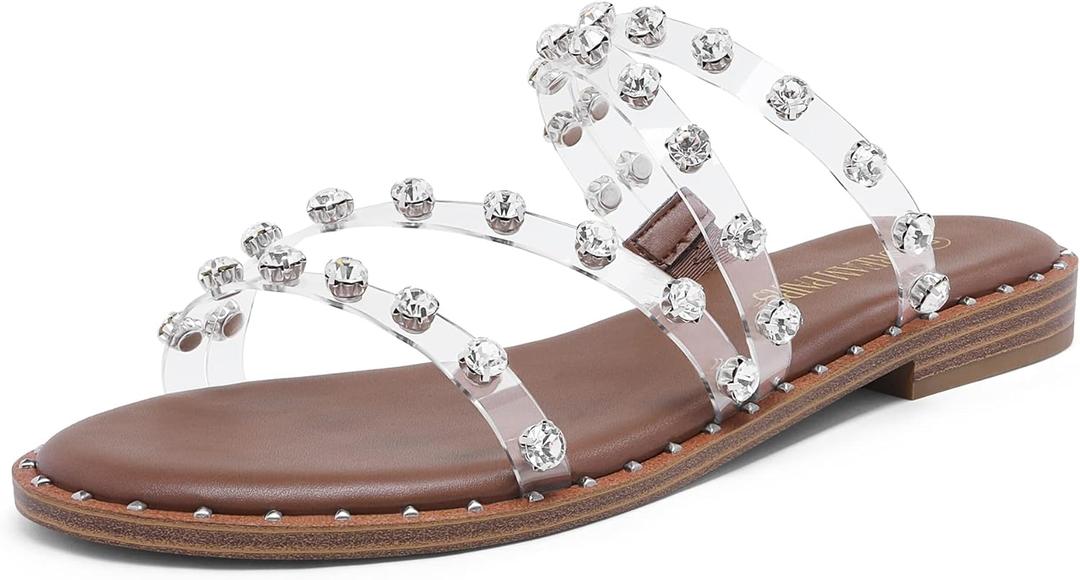 DREAM PAIRS Women's Clear Studded Rhinestone Slide Sandals Slip on Open Toe Cute Flat Sandals for Summer (Size 5)