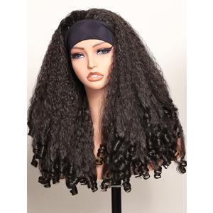 New Afro Curly Headband Wig Synthetic Braided Hair Texture with Unique Bouncy Curls in the End 20 Inch Soft Curly Headband Wigs for Black Women Dark Brown Blend Kinky 4C Hair