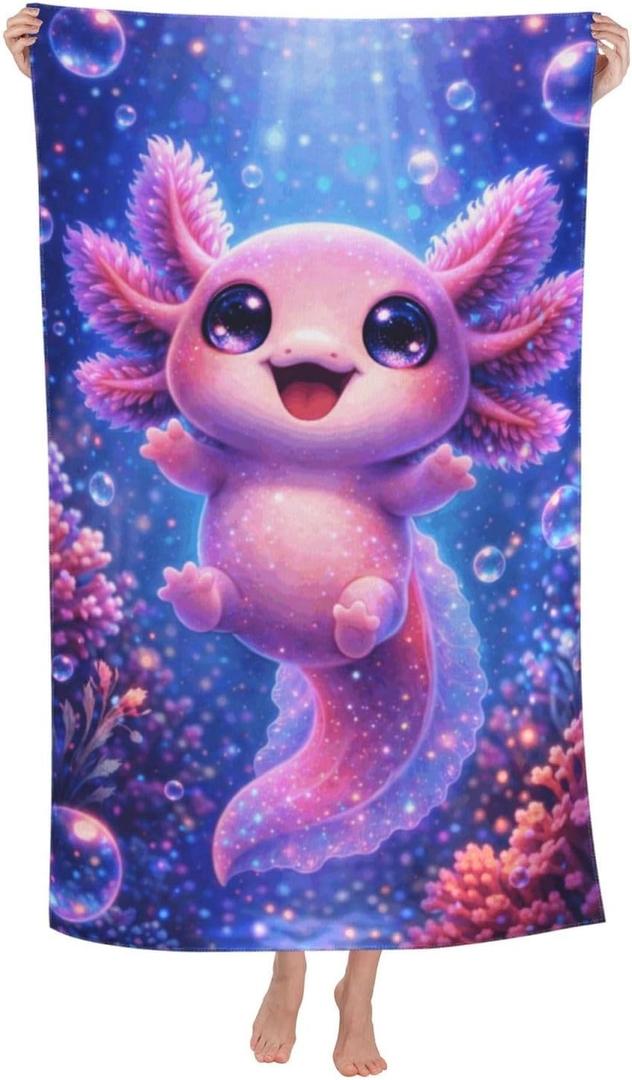 Cute Axolotl Beach Towel, Soft Lightweight Microfiber Quick Dry Bath Towels Gifts for Bathroom, Pool, Travel, Swimming Decor 31"x51"