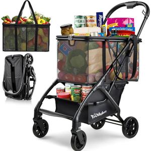 Folding Shopping Cart with Wheels, 75lbs Multi Use Grocery Carts with 360° Wheels & Removable Tote Bag, Multifunctional Portable Personal Shopping Carts for Groceries (30 Gallon)