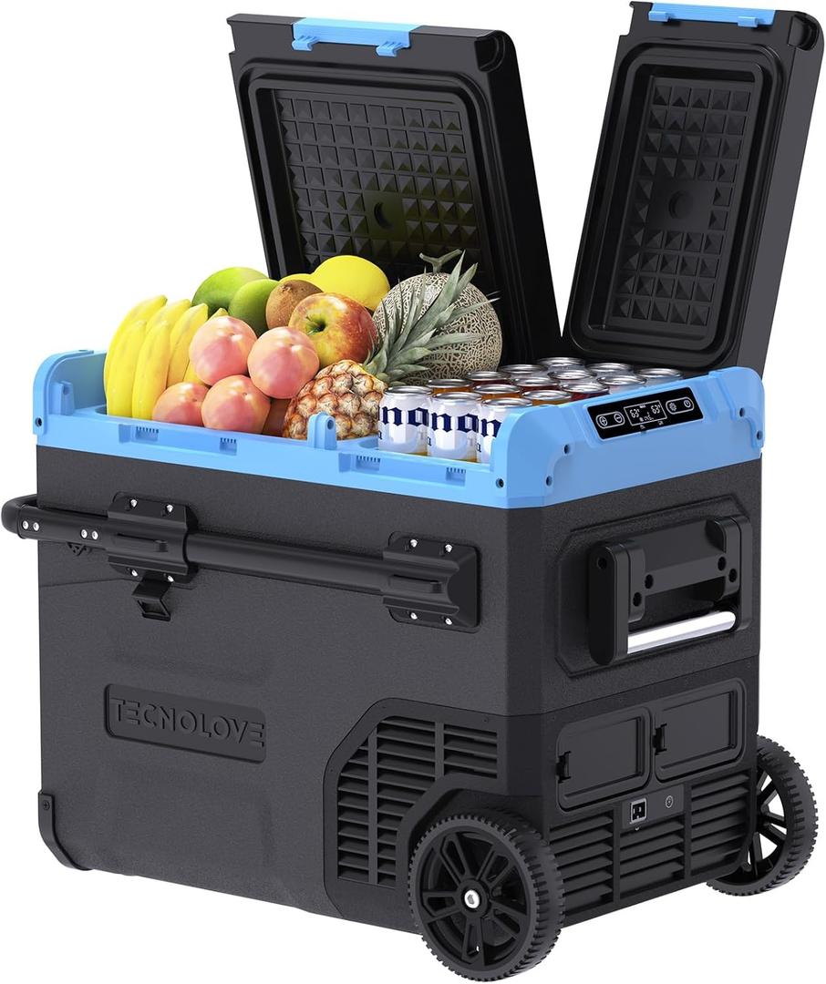 Tecnolove 45L Dual Zone Car Refrigerator Freezer, -4~68, 48Qt Compressor Cooler with Reversible Door, Metal Handle, Dual Battery Slot, 100240V AC / 12V / 24V DC Powered, LED Light  Ice Blue