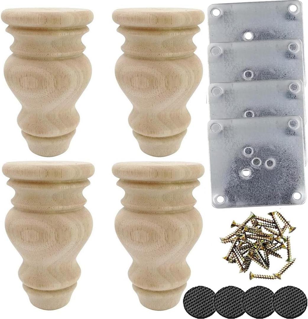 4.7 Inch Solid Wood Furniture Legs, Set of 4 - Heavy Duty Replacement Feet for Sofa, Couch, Chair, Ottoman, Cabinet & Bed | Unfinished Bun Foot with Screws & Mounting Plates
