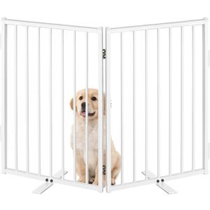 Metal Freestanding Dog Gates with Door for Outdoor Indoor, 40'' Extra Wide 24'' Tall Free Standing Dog Gate for Doorways, Large Openings, Deck, Yard, Porch, Foldable Safety Pet Fence (White, 2 Panels)