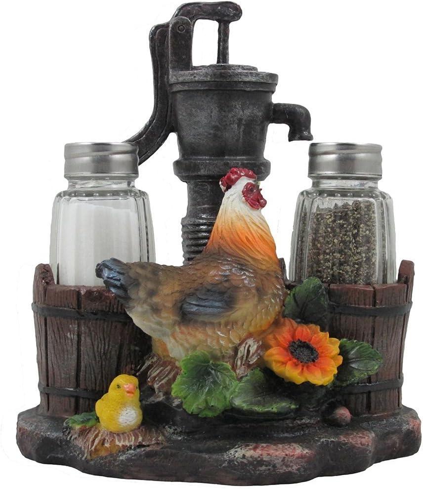 Farm Chicken and Old Fashioned Water Pump Glass Salt and Pepper Shaker Set with Holder Figurine in Country Kitchen Rooster Decor, Sculptures and Statues and Rustic Gifts for Farmers