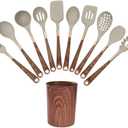 11-Piece Silicone Kitchen Utensil Set with Wooden Handle & Holder Heat-Resistant, Non-Scratch Cooking Tools for Non-Stick Cookware
