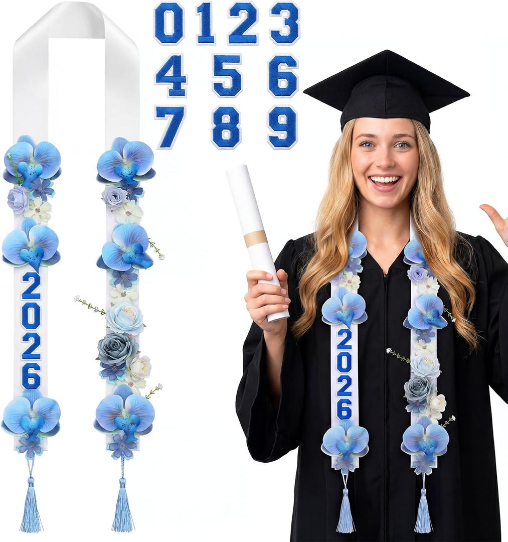 Graduation Leis Class of 2026 Artificial Flower Sash with 20 Sheets Number Iron on Patches DIY Grad Floral Lei Necklace for High School College Senior Grad Gifts Party Supplies(Blue)