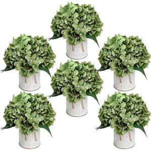 Flower Table Centerpieces - Set of 6 Floral Arrangement Artificial Wedding Hydrangeas Floral Arrangement with Rustic Metal Vase for Bridal Tea Party Event Decorations - Sage Green