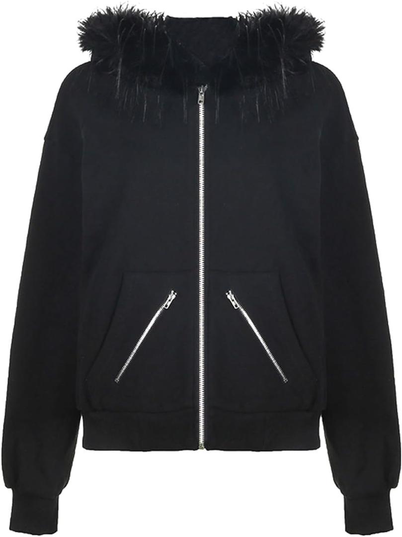 CORIRESHA Women Faux Fur Hood Sweatshirt Zip-Up Casual Hoodie with Pockets (Medium, Black)
