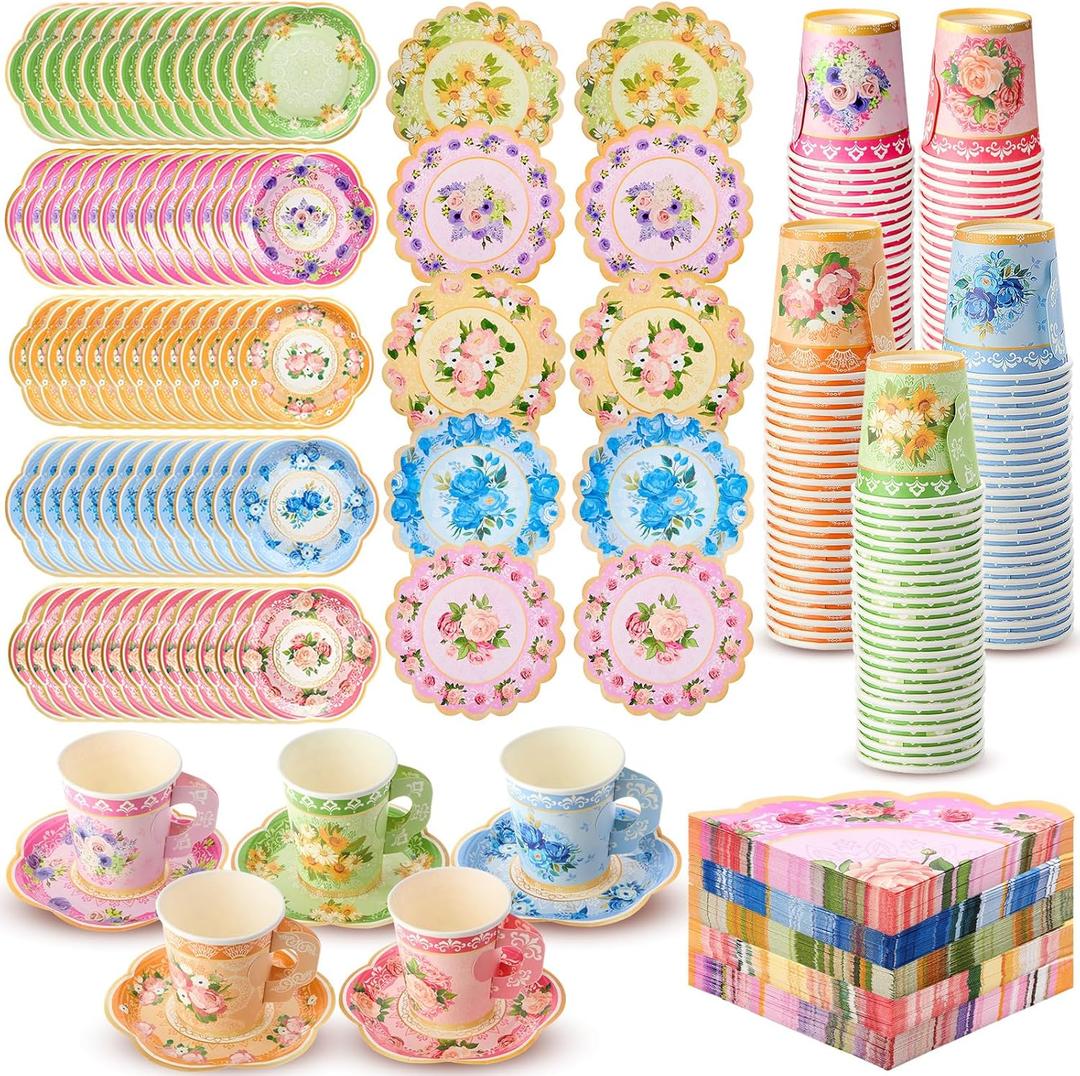 Nuogo 300 Pcs Disposable Tea Party Supplies Vintage Floral Paper Tea Cups with Handle and Plates Napkins Tea Cup and Saucer Set for Birthday Baby Shower Bridal Wedding Mother's Day, Serve 100 Guest (Warm)
