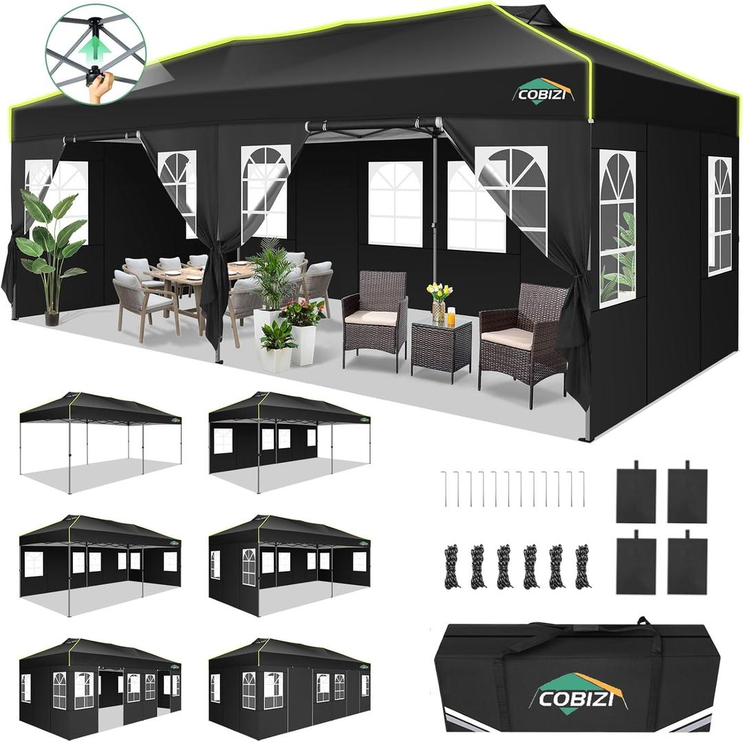 COBIZI 10x20 Pop Up Canopy Tent with 6 Removable Sidewalls, One Push Party Tent Outdoor Waterproof Event Canopy with Air Vent for Parties Commercial Wedding, 3 Height, Carry Bag, Sandbag, Black, 10x20with 6 sidewalls