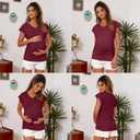 Maternity Shirts 3 Packs Flying Short Sleeve Pregnancy Tops V Neck Side Ruched Tees (Medium, Wine Red / Grey / Caramel)