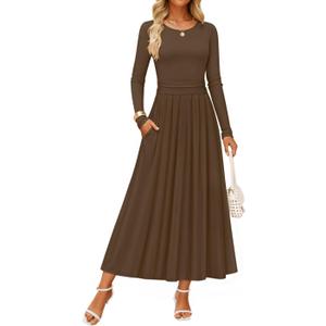 ZESICA Women's Elegant Long Sleeve Maxi Dress 2026 Spring Crewneck Knit High Waist Pleated Flowy A Line Casual Party Dresses (Brown), Large
