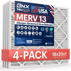 BNX TruFilter 18x20x1 Air Filter MERV 13 (4-Pack) - MADE IN USA - Electrostatic Pleated Air Conditioner HVAC AC Furnace Filters for Allergies, Pollen, Mold, Bacteria, Smoke, Allergen, MPR 1900 FPR 10