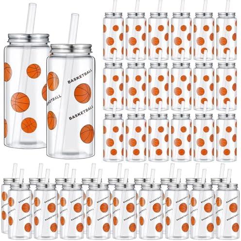 Maxdot 36 Pack 14.2 OZ Basketball Plastic Cups with Lid and Straw Bulk Basketball Cup with Lid and Straw Clear Reusable Plastic Juice Bottles Tumbler for Sport Themed Party Favors Birthday Team Gifts