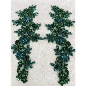 Handmade red/White//Green/Blue Rhinestones Applique Sewing Beads Stones Trim lace Patches Accessory for Dress Clothes one Pair (deepgreen)