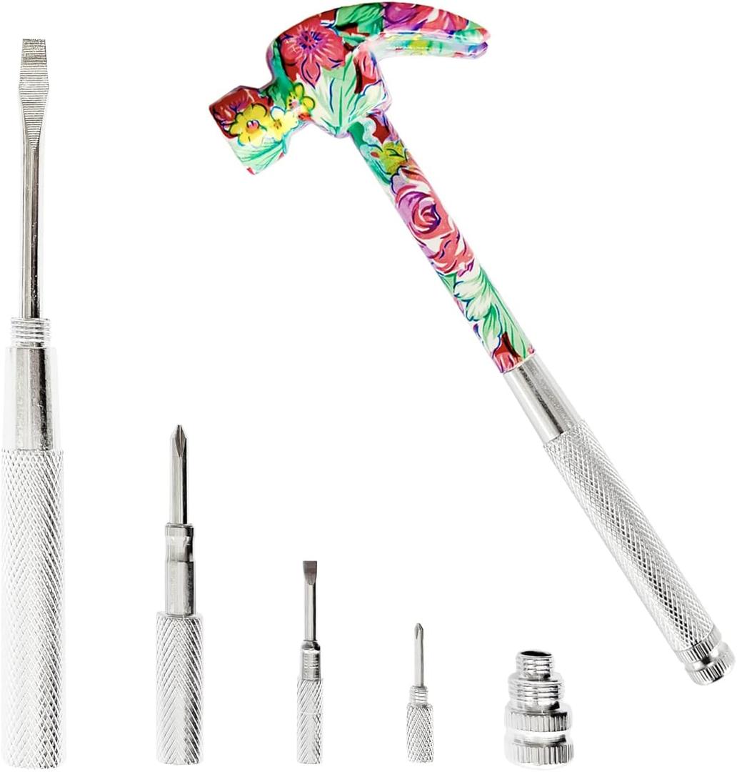 6 in 1 Flower Hammer & Screwdriver Tool, All In One Screwdriver Hammer Tools Set, Best Gift for Birthday Valentine's Mother's day Christmas Thanksgiving Halloween (Dark Pink)