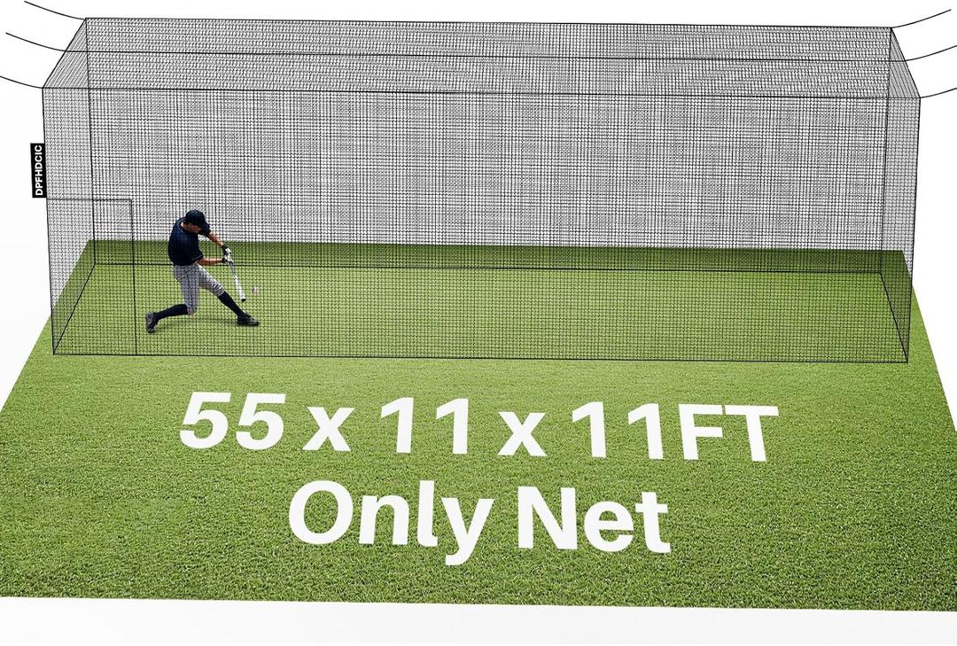 55'L x 11'W x 11'H Batting Cage Net 36 Ply PE Heavy Duty Baseball & Softball Batting Cage Netting Fully Enclosed Batting Cages for Backyard with Door (Net Only No Frame)