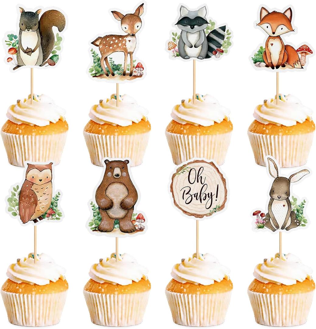 32Pcs Woodland Animals Cupcake Toppers Raccoon Owl Rabbit Bear Oh Baby Cupcake Picks for Baby Shower Boys Girls Woodland Birthday Cupcake Decors Woodland Animal Party Supplies