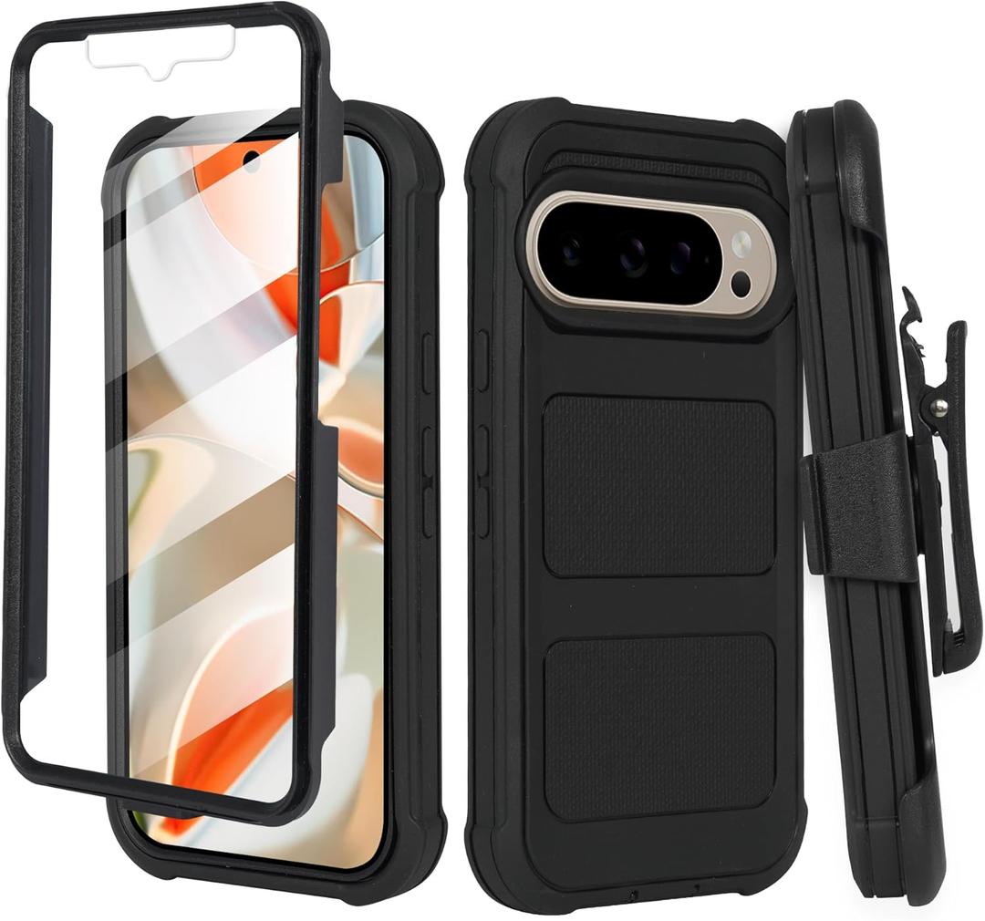 Designed for Google Pixel 9 Pro XL Case with Built-in Screen Protector, Belt Clip Holster, Heavy Duty Shockproof Drop Protection Military Grade Cover with Kickstand (Rugged Black)
