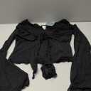 GORGLITTER Women's Tie Front Long Bell Sleeve Tops Ruched V Neck Sheer Mesh Tops S