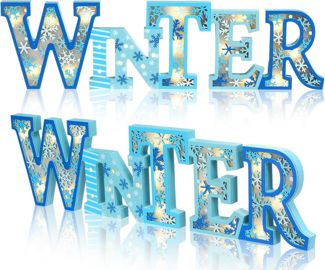 Geetery Blue Winter LED Wooden Sign Blue Snowflake Decorations Rustic Wooden Words Sign Tabletop Centerpiece Decor for Winter Christmas Table Home Office Party