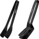 Mu&Ti Silicone Kitchen Tongs 2-in-1 11 In Premium Stainless Steel Barbecue Clamp Multipurpose BBQ Clamp Spatula for Gripper Bread Clip/Fried Steak Clamp/Flipping Fish/Beefsteak Flipper Two Set(Black)