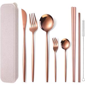 AARAINBOW 8 Pieces Stainless Steel Flatware Set Portable Reusable Cutlery Set Travel Utensils Set Including Chopsticks Knife Fork Spoon Straws Cleaning Brush Dishwasher Safe (Rose Golden)