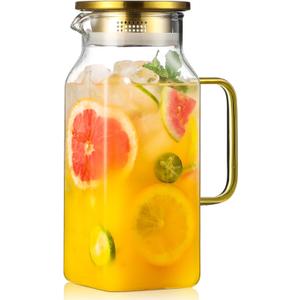 40 oz,1.2Liter Square Glass Pitcher with Lid and Spout, Water Pitchers with Handle for Fridge, Borosilicate Glass Carafe for Hot/Cold Drink, Large Jug for Iced Tea, Coffee, Beverage, Cold