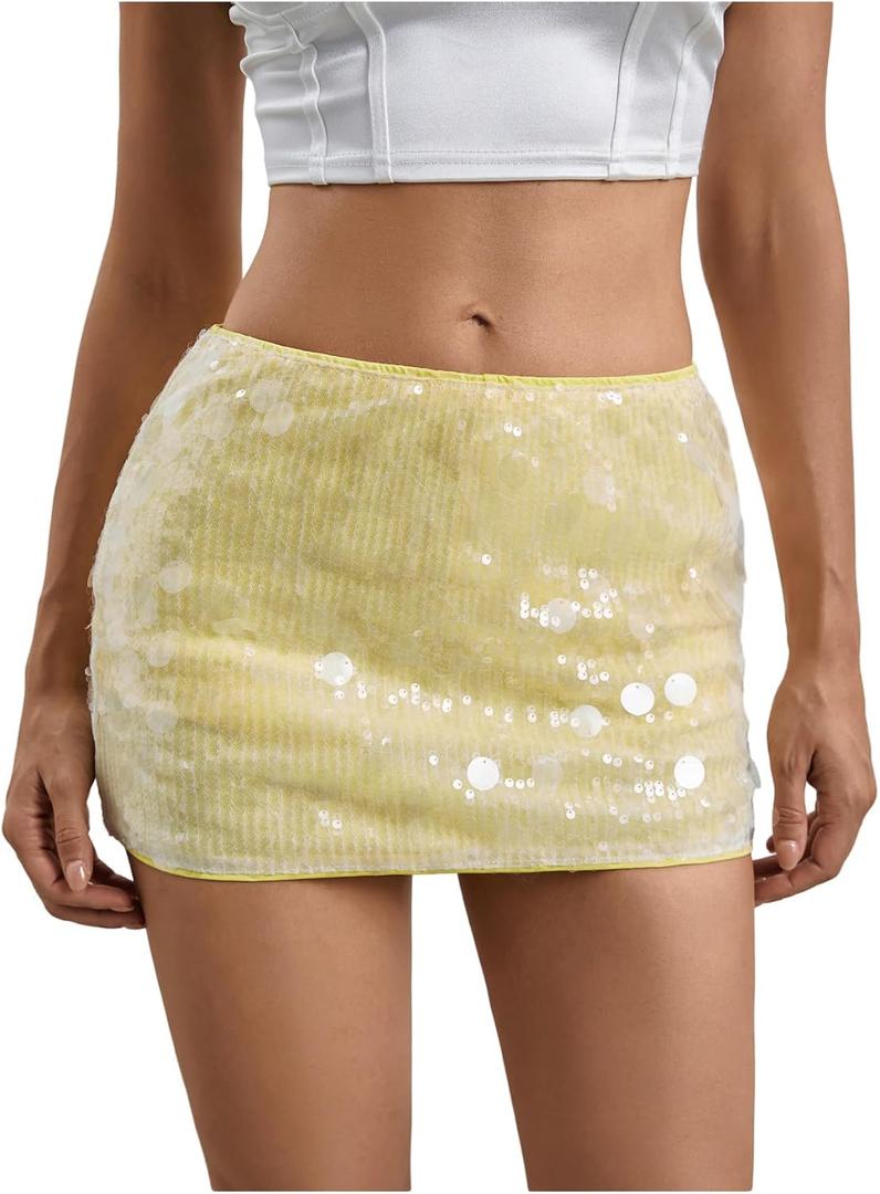MakeMeChic Women's Sparkly Sequin Mini Skirt Y2k Low Rise Glitter Rave Micro Skirt with Shorts Underneath Yellow, X-Small