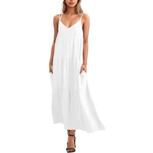Febriajuce Womens Summer Maxi Dress Casaul Spaghetti Straps Solid V-Neck Backless Cami Dresses with Two Pockets (Small, White)