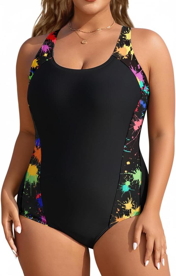 Aqua Eve Plus Size Swimsuits Athletic One Piece Bathing Suit for Women Tummy Control Slimming Swimwear (Colorful Black,18 PLus)