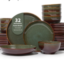 Pokini 32 Piece Double Bowl Dinnerware Sets with Pasta Bowls, Highly Chip and Crack Resistant Plates and Bowls Sets, Natural Earthyware Ceramic Dishware Sets, Service for 8 Brown Green