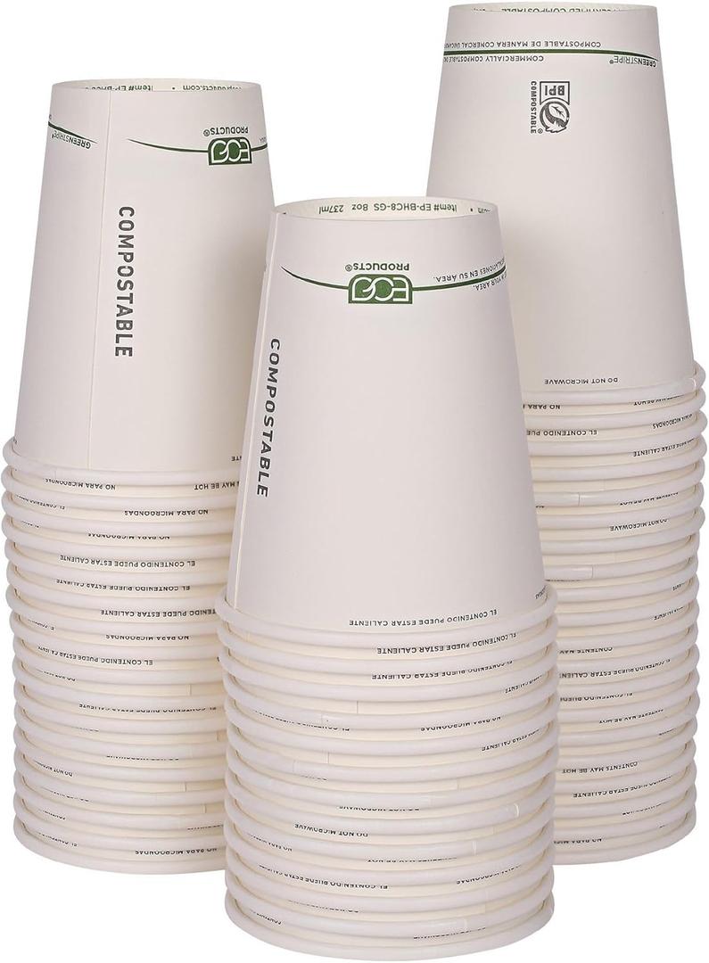 ECO PRODUCTS Compostable Disposable GreenStripe 8oz Coffee Cups, Case of 50, White Single Wall Hot Paper Cup, Plant Based PLA Lining, Biodegradable