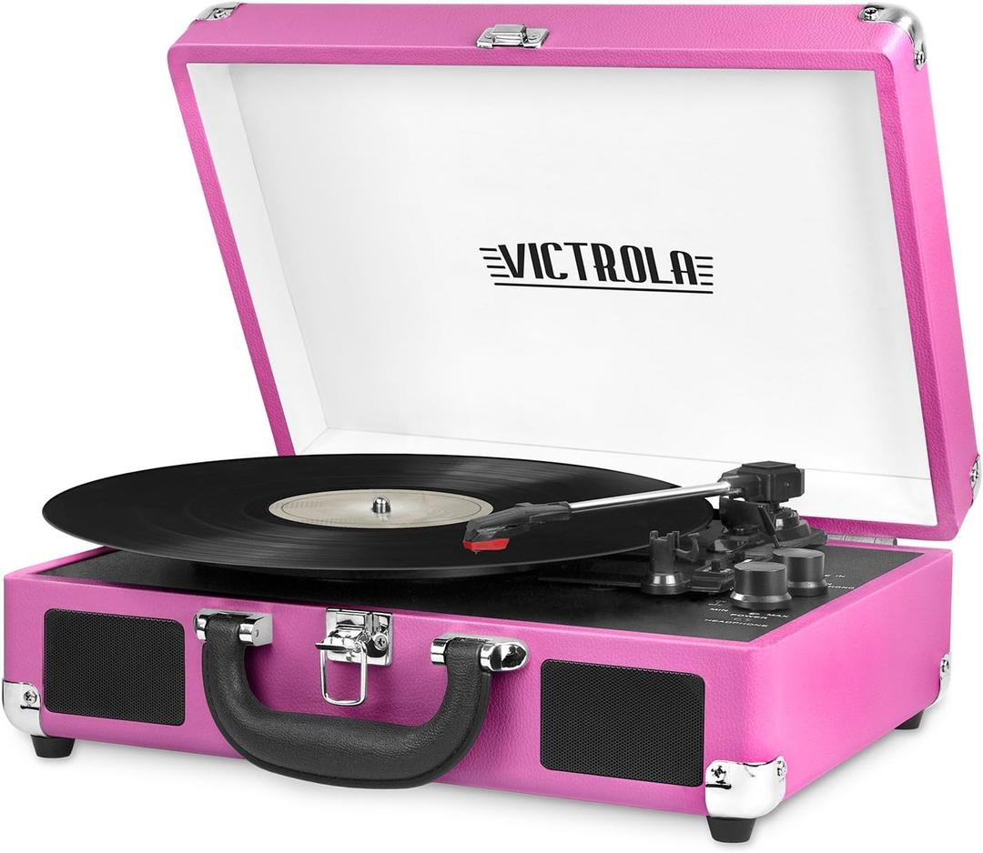 Victrola Journey Bluetooth Portable Suitcase Record Player  with Built-in Speakers, 3 Speed Vinyl Record Player, RCA Out, Headphone Jack (Pink)