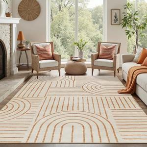 DCX Beige Machine Washable 8x10 Area Rugs, Midcentury Modern Non Slip Stain Resistant Rug 8x10 for Living Room, Playroom, Dining Room, Soft Low Pile Large Carpet