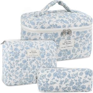Anfly Makeup Bag, Quilted Cosmetic Bags, Large Floral Make Up Bag for Women, Cute Cotton Makeup Bag 3PC Set, Travel Toiletry Bag (Blue)
